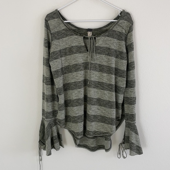 Free People Boho Green Striped Flare Long Sleeve Top - Picture 2 of 12
